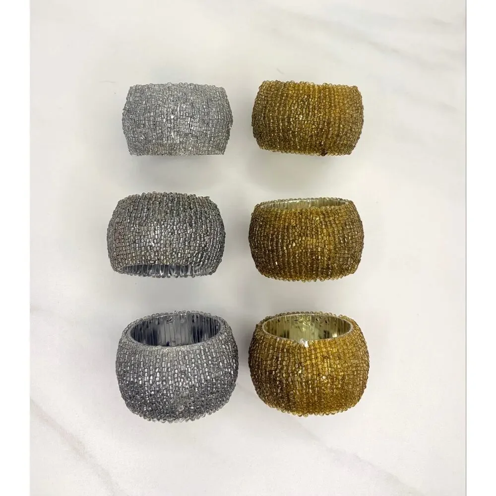 Vintage Glass Seed Bead Napkin Rings – Set of 6 (Gold & Silver Mix)